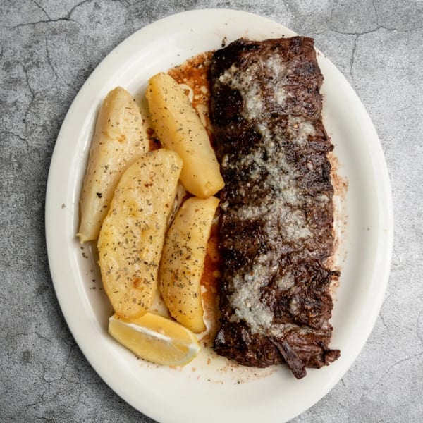Grilled steak with roasted potatoes and a lemon wedge on a white plate from Opa Grille.