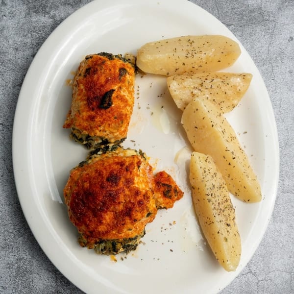 Two baked Greek spinach and cheese pastries with golden crusts, served with seasoned potato wedges.