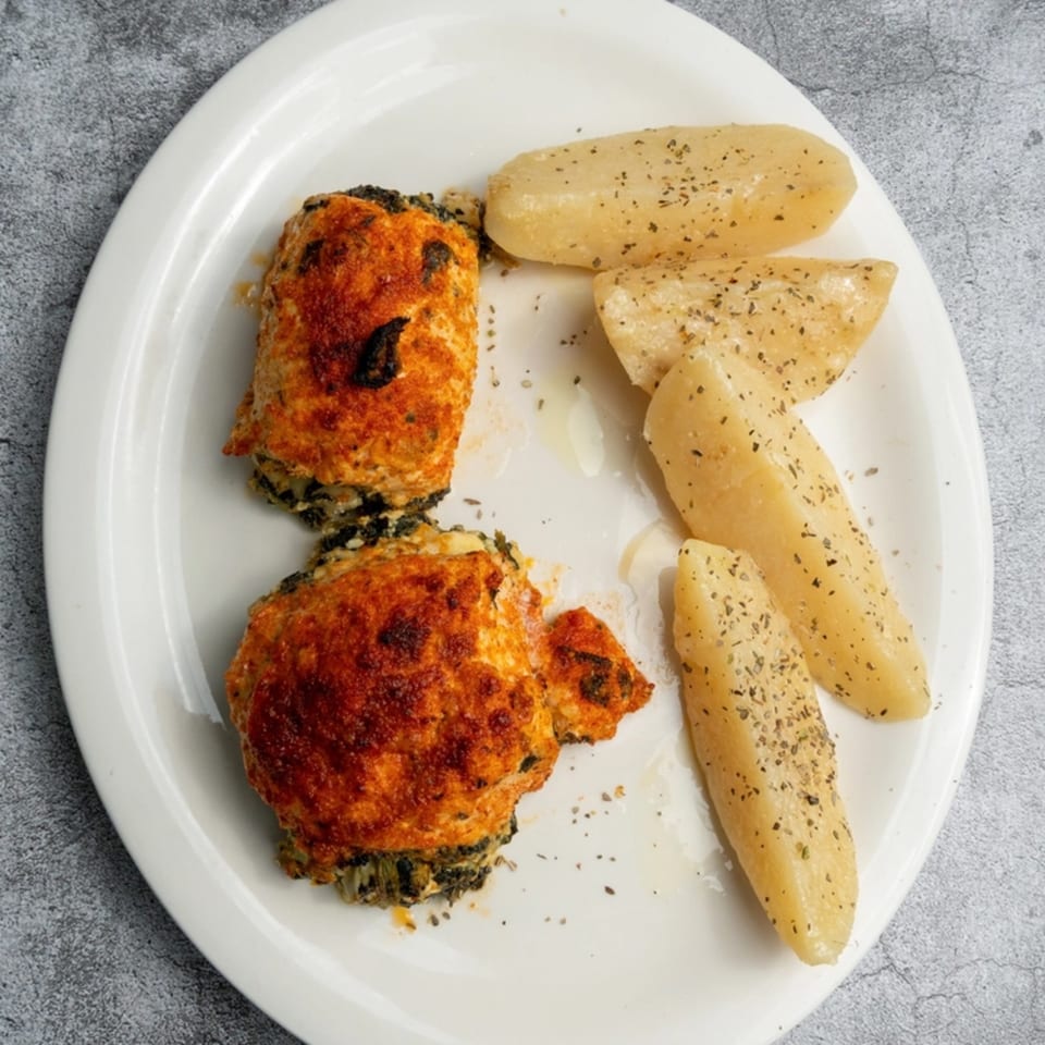 Two baked Greek spinach and cheese pastries with golden crusts, served with seasoned potato wedges.