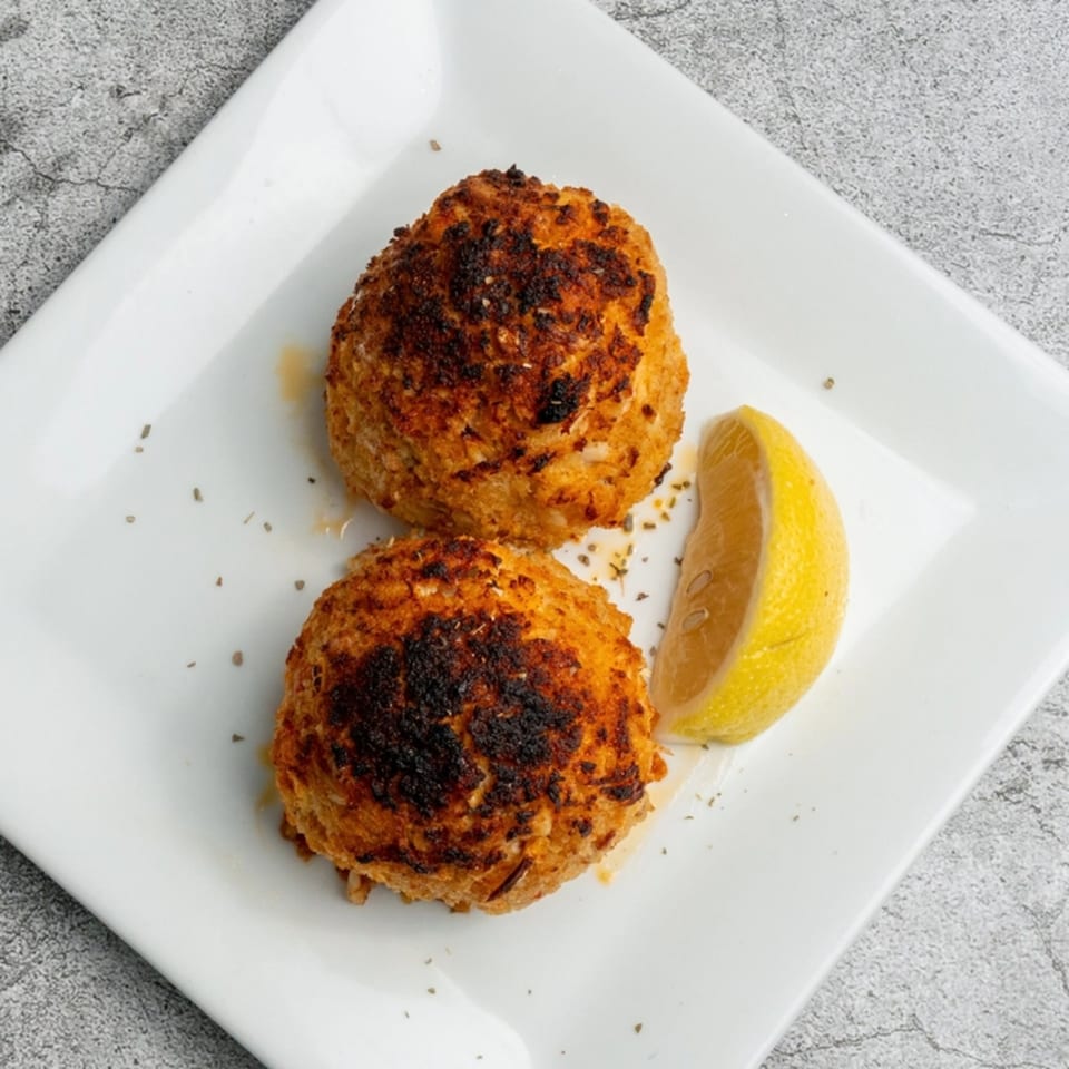 Two golden-brown crab cakes with a lemon wedge and seasoning on a white rectangular plate.