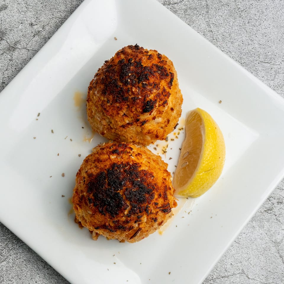 Two golden-brown Greek crab cakes with a lemon wedge and seasoning on a white plate.